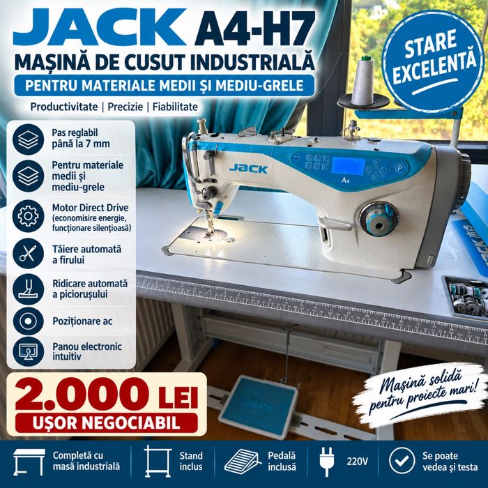 JACK A4-H7 – mașină de cusut industrială – ca nouă – 2.000 lei - tapiterie draperii etc.
