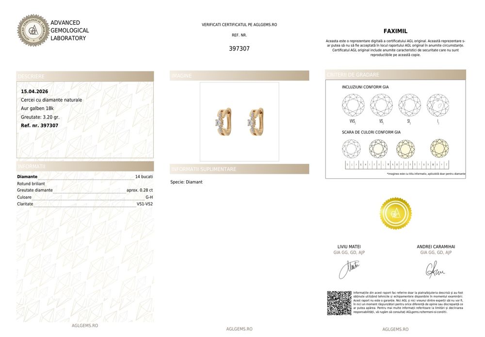 cercei aur 18k diamante certificat