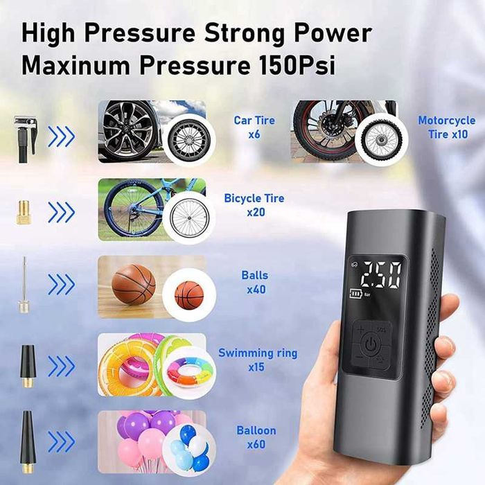 Акумулаторен компресор,150 PSI,тегло 0,5 кг., литиева батерия 6000 mAh