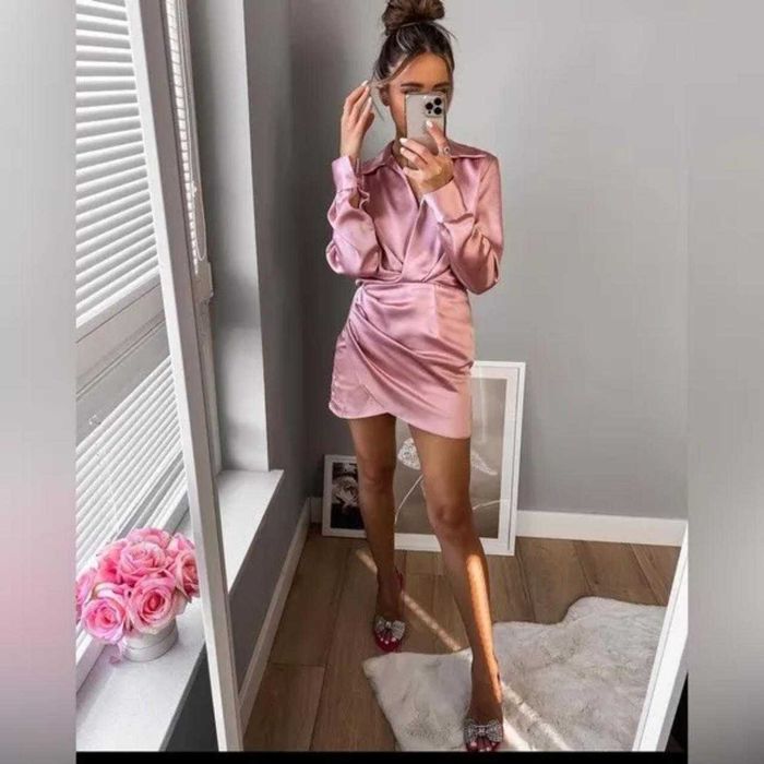 Zara rochie satin roz pudra mini scurta decolteu