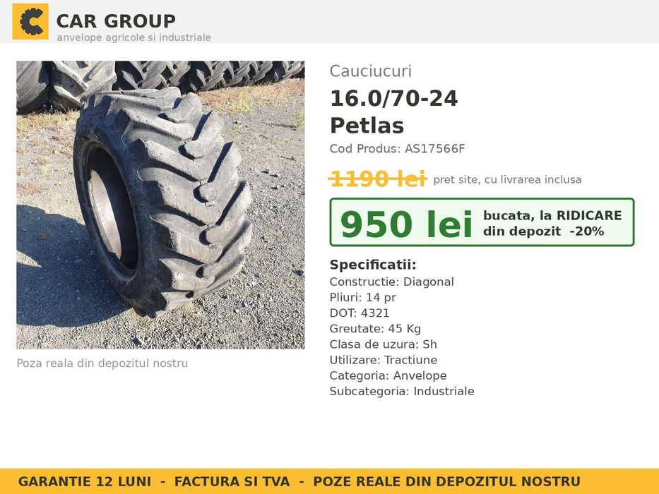 Cauciucuri Anvelope 16.0/70-24 16.0 70 24 1607024 16.0 70-24 Petlas Buldo Incarcator Utilaje Diagonal SH Second Hand LIVRARE Garantie 1 An Factura