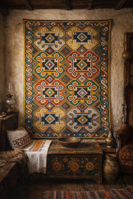 Chilim vechi țesut manual ,Piesă autentică anii ’60–’70 Culori vii RAR