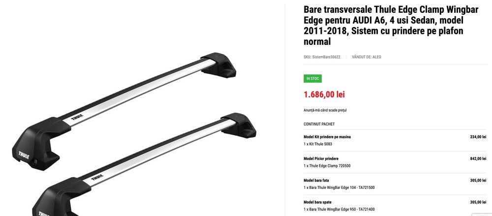 Set bare transversale Thule Edge Clamp Wingbar Edge pentru AUDI A6, 4 usi Sedan, model 2011-2018 - SIGILAT