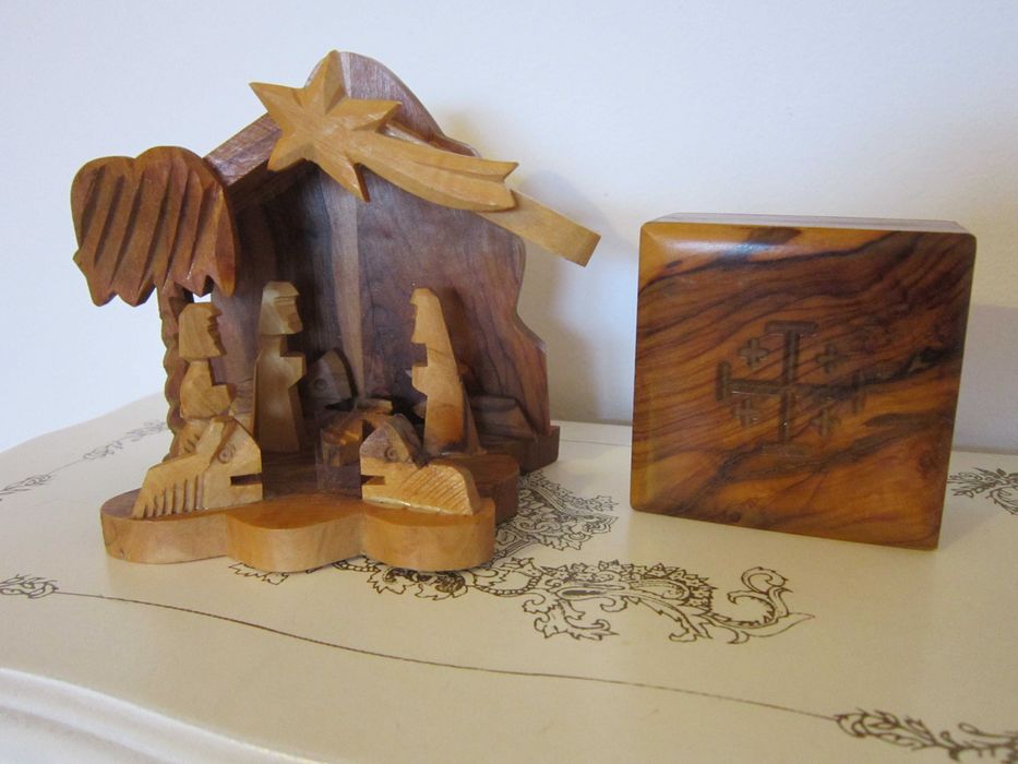 Craciun cadou rar Ierusalim 1980 Scena Nasterii + cutie lemn maslin