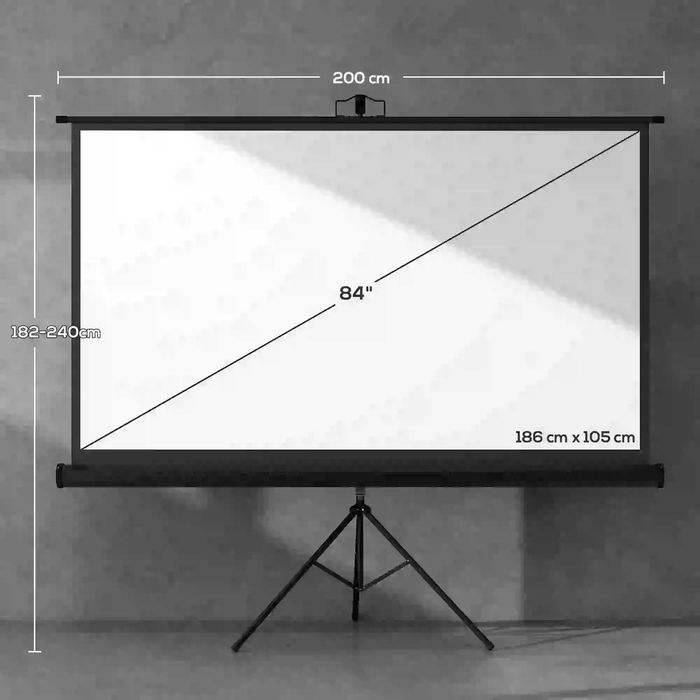 HOMCOM Ecran Proiector Pliabil de 84" Format 16:9 cu Trepied Reglabil, 200x8x118 cm, Negru