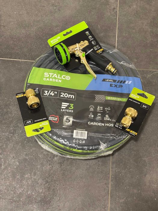 Set Complet Furtun Grădină 3/4" 20m STALCO GARDEN + Pistol și Conectori Alamă 8 Funcții