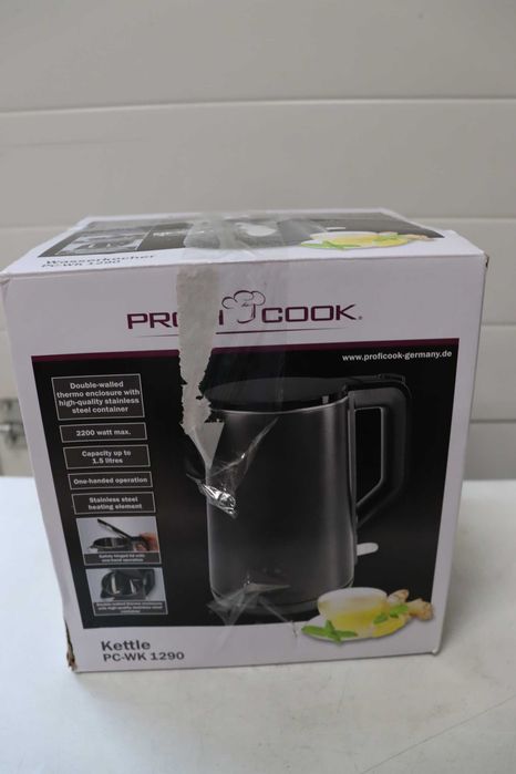 Кана ProfiCook 1,5 литра | 2200 W | Термокорпус с двойни стени | Станция с макара за кабел | Матов корпус от неръждаема стомана