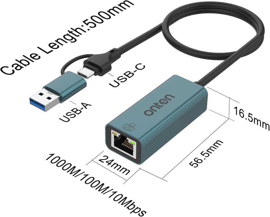 Onten Универсальный Адаптер USB-A / USB-C в Ethernet. Есть доставка