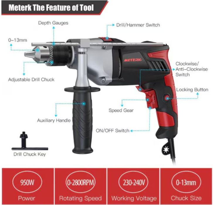 Bormasina cu percutie Meterk, 950W, Mandrina 13 mm, Set burghie