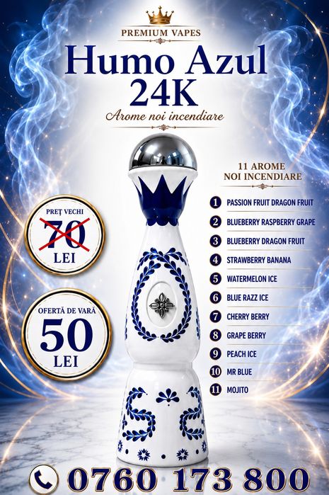 HUMO AZUL 24K Classic- Vape tip țigară electronică cu diferite arome de shisha și design iconic în formă de sticlă