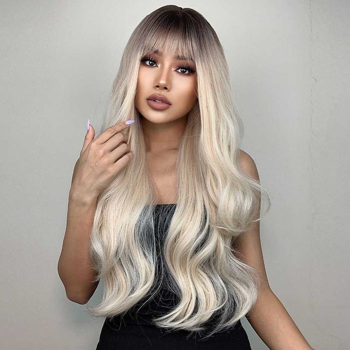 70 см Чуплива руса омбре перука с тъмни корени и бретон