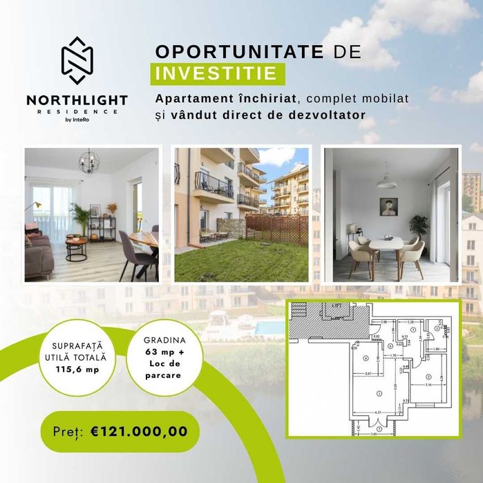 2 camere cu grădină NorthLight Residence, loc de parcare. 0%comision
