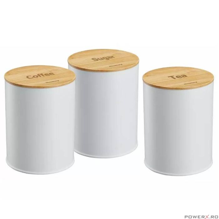 Set 3 recipiente, inox-bambus, alb, pentru cafea, ceai, zahar.