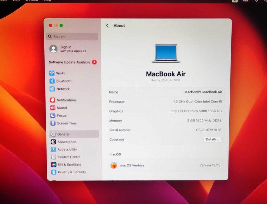 MacBook Air A1466 1.9GHz i5, 4GB RAM, 240GB SSD, перфектен, внос Литва