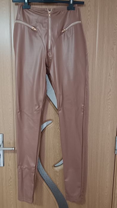 Pantaloni piele cu captuseala, culoare capuccino