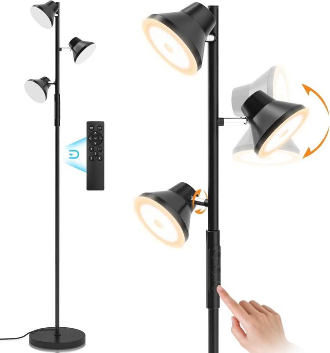 Lampă de podea Sibrille LED, 36W, modernă, cu telecomandă și control tactil, 4 temperaturi de culoare,  cu 3 surse de lumină rotative