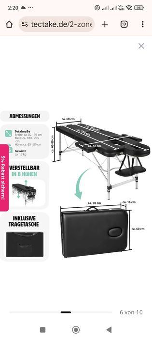 Masa de masaj cu 2 zone
cu cadru din aluminiu, pliabil și reglabil pe