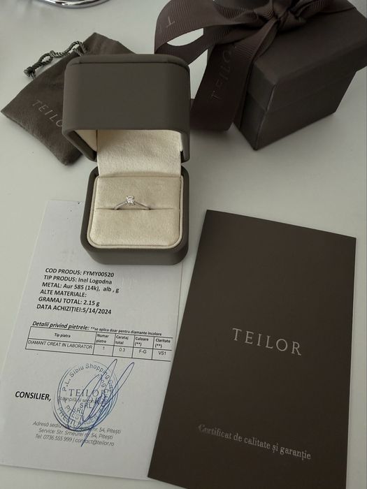 Inel de logodna Teilor - aur 585, alb, 14K, cu piatra - diamant, marimea 52