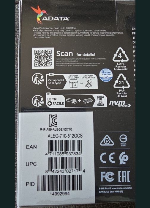 SSD ADATA XPG Legend 710 512GB PCI Express 3.0 x4 M.2 PCIe ALEG-710-512GCS