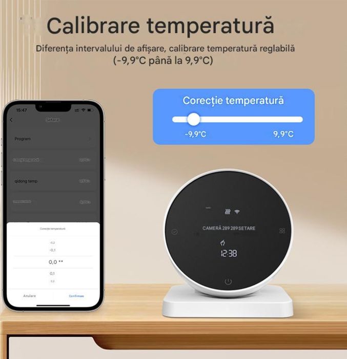 Termostat Wireless pentru Centrale Termice si Incalzire Pardoseala, Wifi, Control din aplicatia Tuya, Universal, Programabil, Receiver inclus, Touch