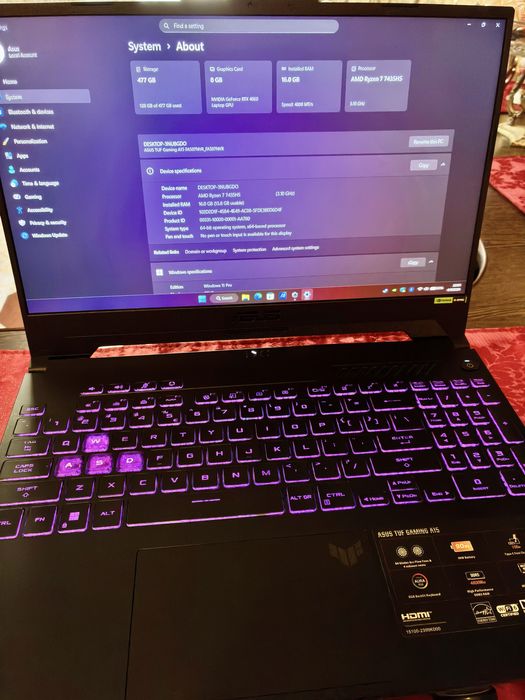 Laptop Asus tuf PRO Gaming RTX 4060 140W Ryzen 7 RAM 16gb ddr5 Garantie 03.10.2026 factura , impecabil