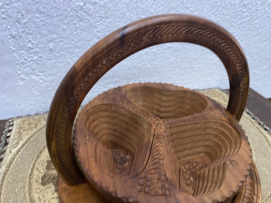 Ръчно резбована тикова фруктиера поднос Англия 1960-те