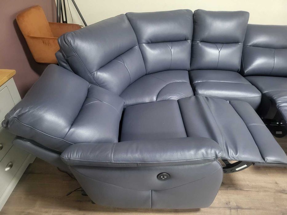 ПРОМОЦИЯ!!! Син кожен ъглов диван "Albion" с ел. релакс механизъм