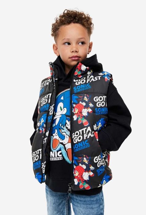 Детски елек НМ с принт Sonic, шушляков елек, капитониран елек, 98/104