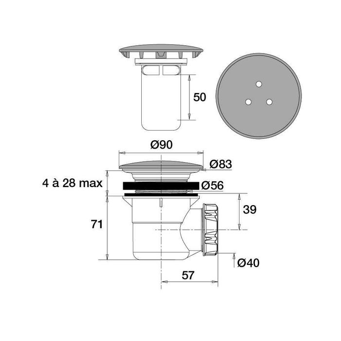 Sifon de scurgere lateral pentru cădiță de duș din plastic D60, cu înșurubare sau lipire, finisaj cromat