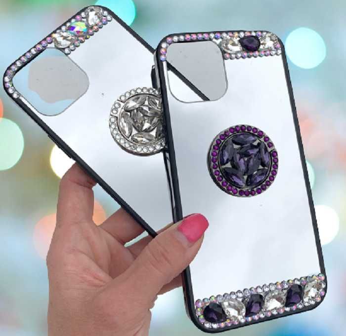 Husa oglinda, inel + pietricele iPhone 13, 13 Mini, 13 Pro, 13 Pro Max