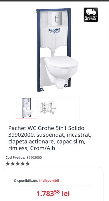 Vas de toaleta suspendat WC Grohe bazin apa incastrat