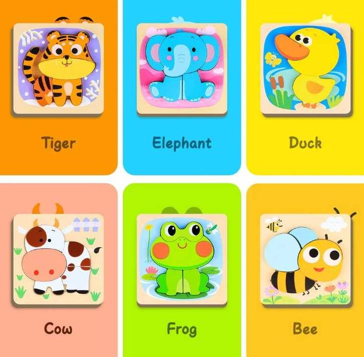 Puzzle-uri din lemn cu animale (Montessori, set de 6)