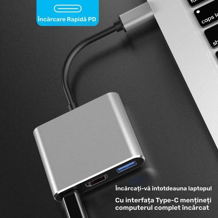 3in1 adaptor USB-C la HDMI 4K + USB 3.0 + USB-C pentru telefon laptop