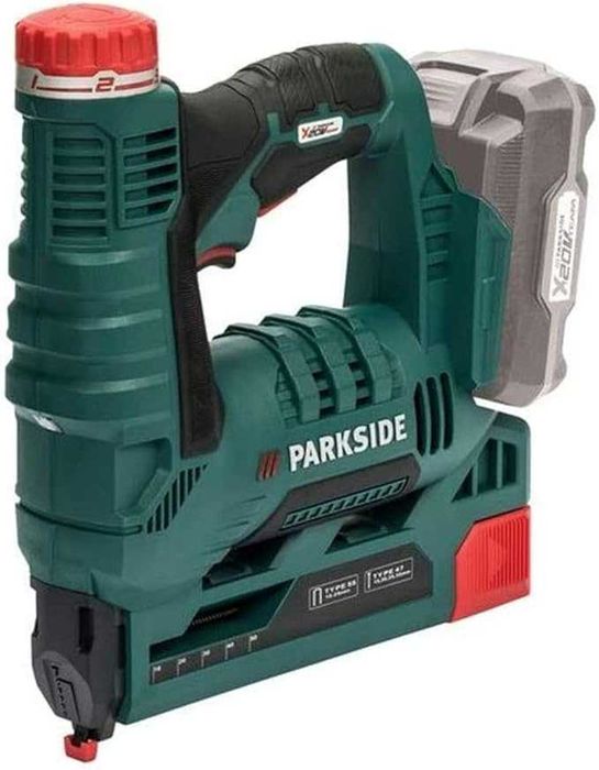Capsator pe acumulator 20V,  model Parkside 20 V PAT 20-Li A1, LED integrat, magazie cu indicator de umplere, Verde