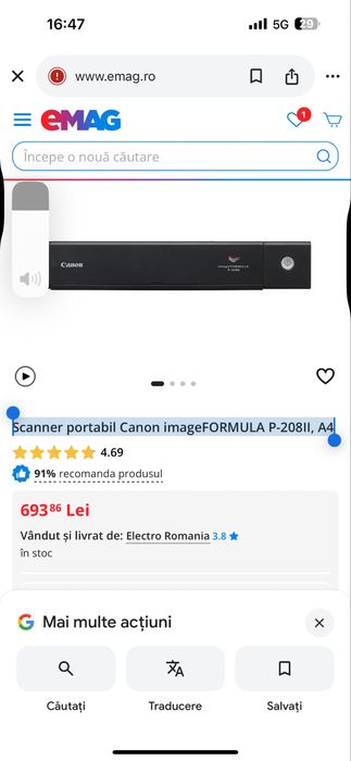 Scanner portabil Canon imageFORMULA P-208II, A4