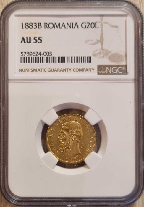 Moneda aur 20 Lei 1883, Carol I, gradata NGC AU 55