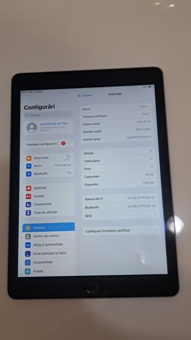 iPad Air 2 – 16GB, Space Gray, în stare foarte bună