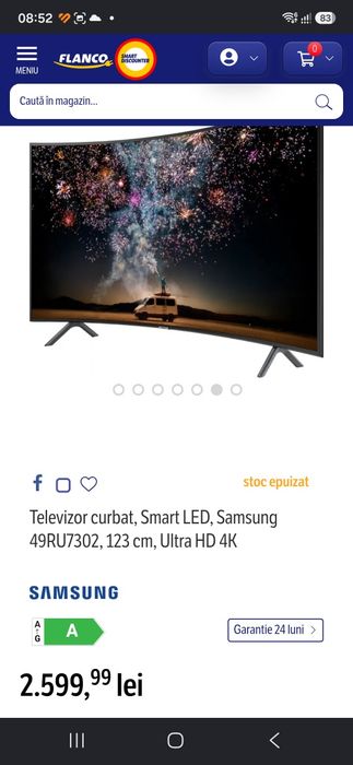 Televizor LED curbat Smart Samsung, 123 cm, 49RU7302, 4K Ultra HD, Clasa A