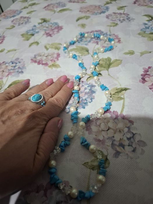 Set inel argint tibetan și colier turcoise si perle naturale