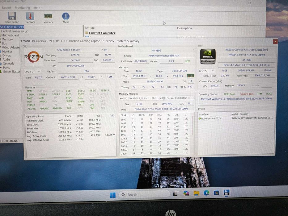 Laptop Gaming HP Pavilion AMD Ryzen 5600H 16GB RAM RTX 3050 4GB 512GB SSD