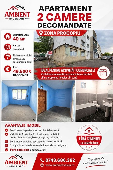 Apartament cu 2 camere, parter, ideal spatiu comercial, VASLUI - zona
