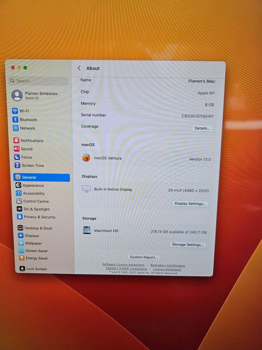 Apple iMac 24" Retina 4.5K (2021) / M1 / 8GB RAM / 256GB SSD – Перфектен, като нов!
