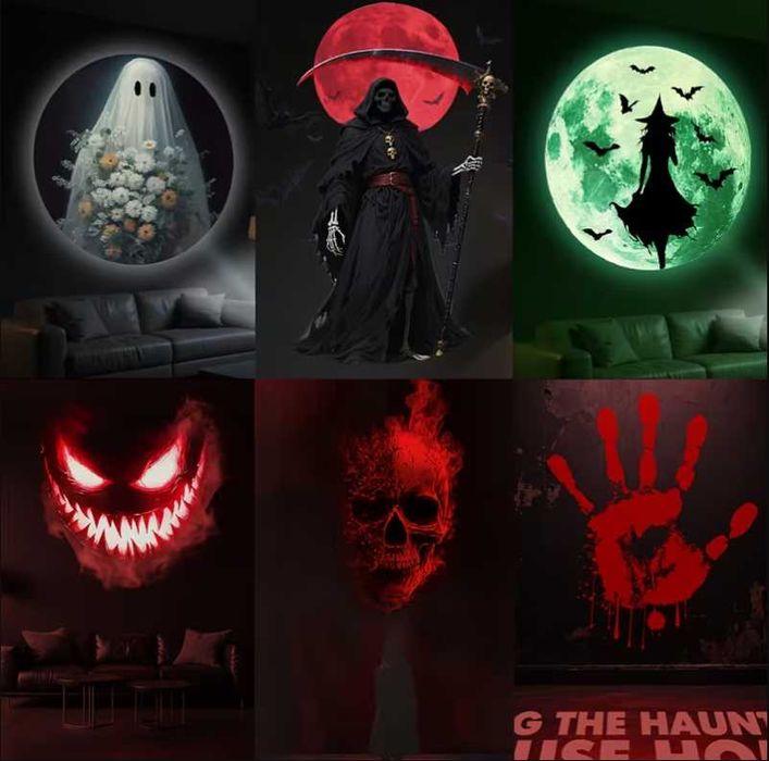 LED проектор лампа за Halloween Хелоуин, 6 хорър прожекции, с USB декорация, украса