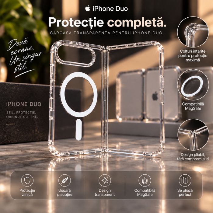 Husa de Protectie Transparenta pentru iPhone Duo, MagSafe, Slim, Pliabila, Margini Ridicate