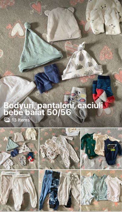 Lot bodyuri, pantaloni, set caciuli bebe baiat 50/56
