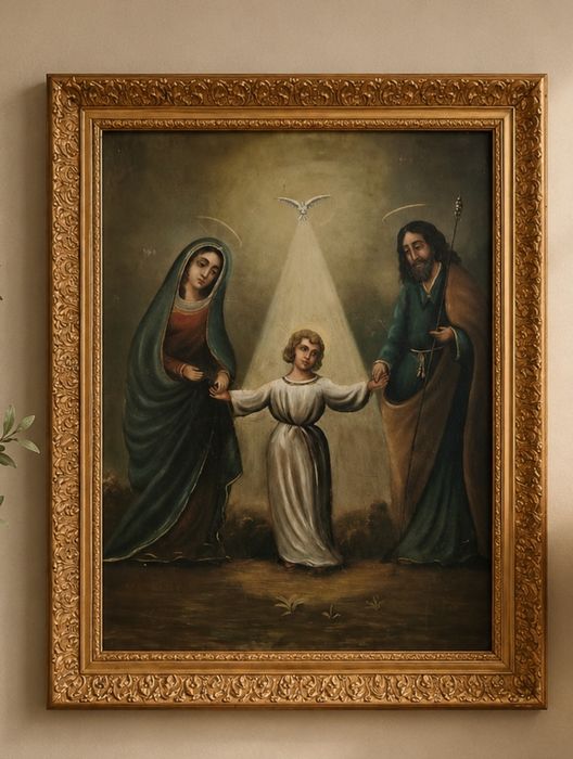 Pictură religioasă cu Fecioara Maria, Pruncul Iisus și Sfântul Iosif,r