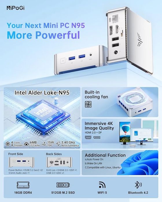 Mini PC RAM 16GB+512SSD NiPoGi Essenx E2. 4K 60Hz, Dual Display. HDMI