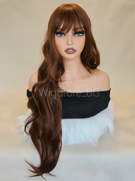 Дъга тъмно кафява перука с бретон на вълни