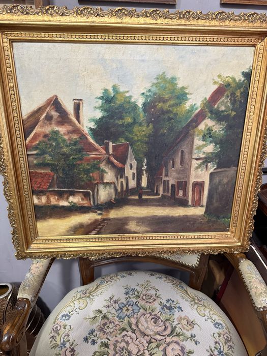 красива стара картина масло платно с авто