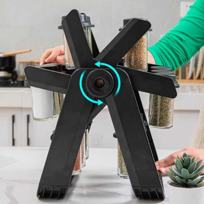 Стилен въртящ се органайзер за подправки с 18 стъклени бурканчета